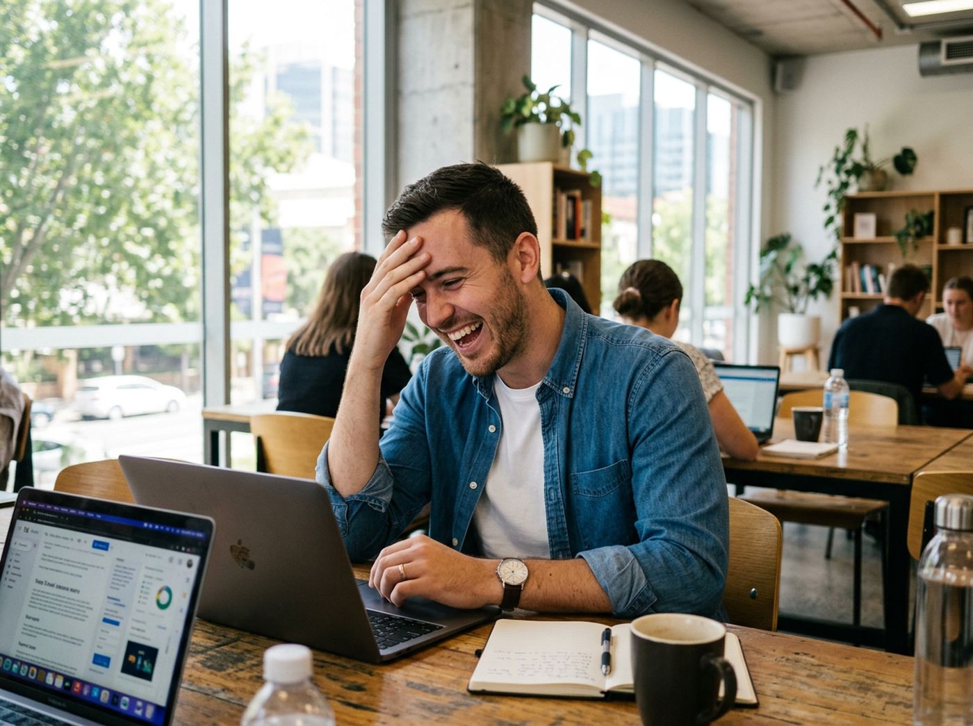 A man at his laptop in a bright co-working space, laughing with relief at good news on screen