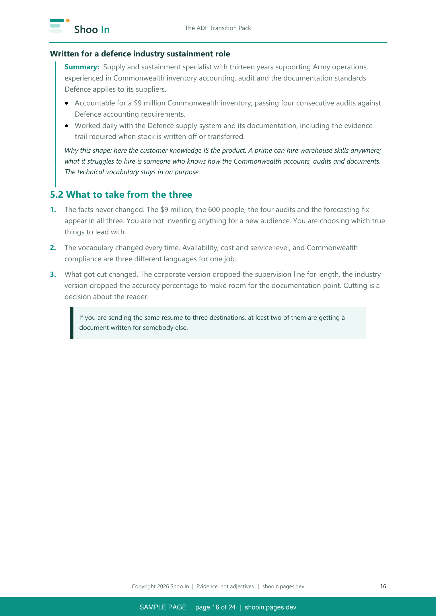 Pack page 16: one service record written for a defence industry role