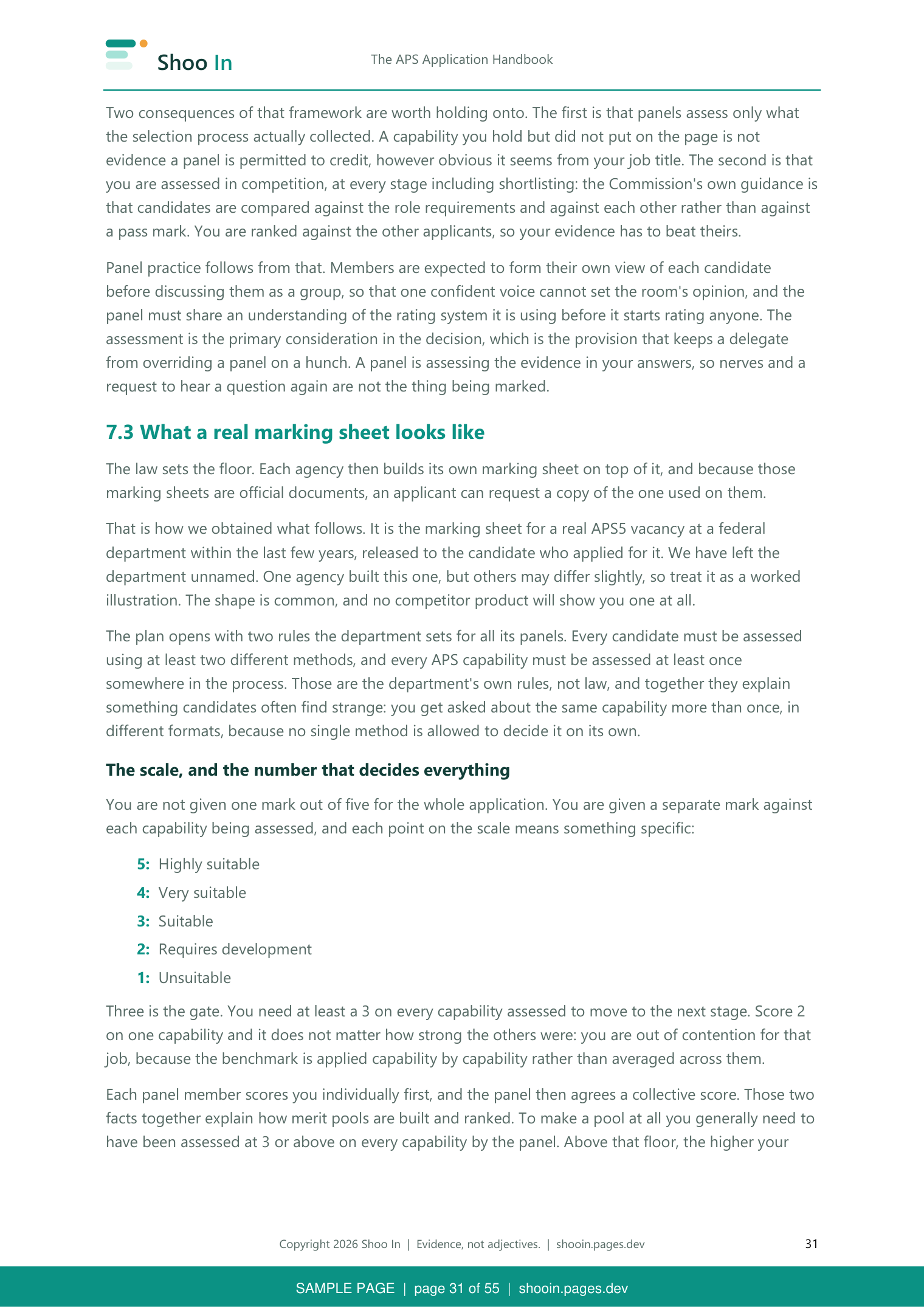 Handbook page 31: what a real marking sheet looks like