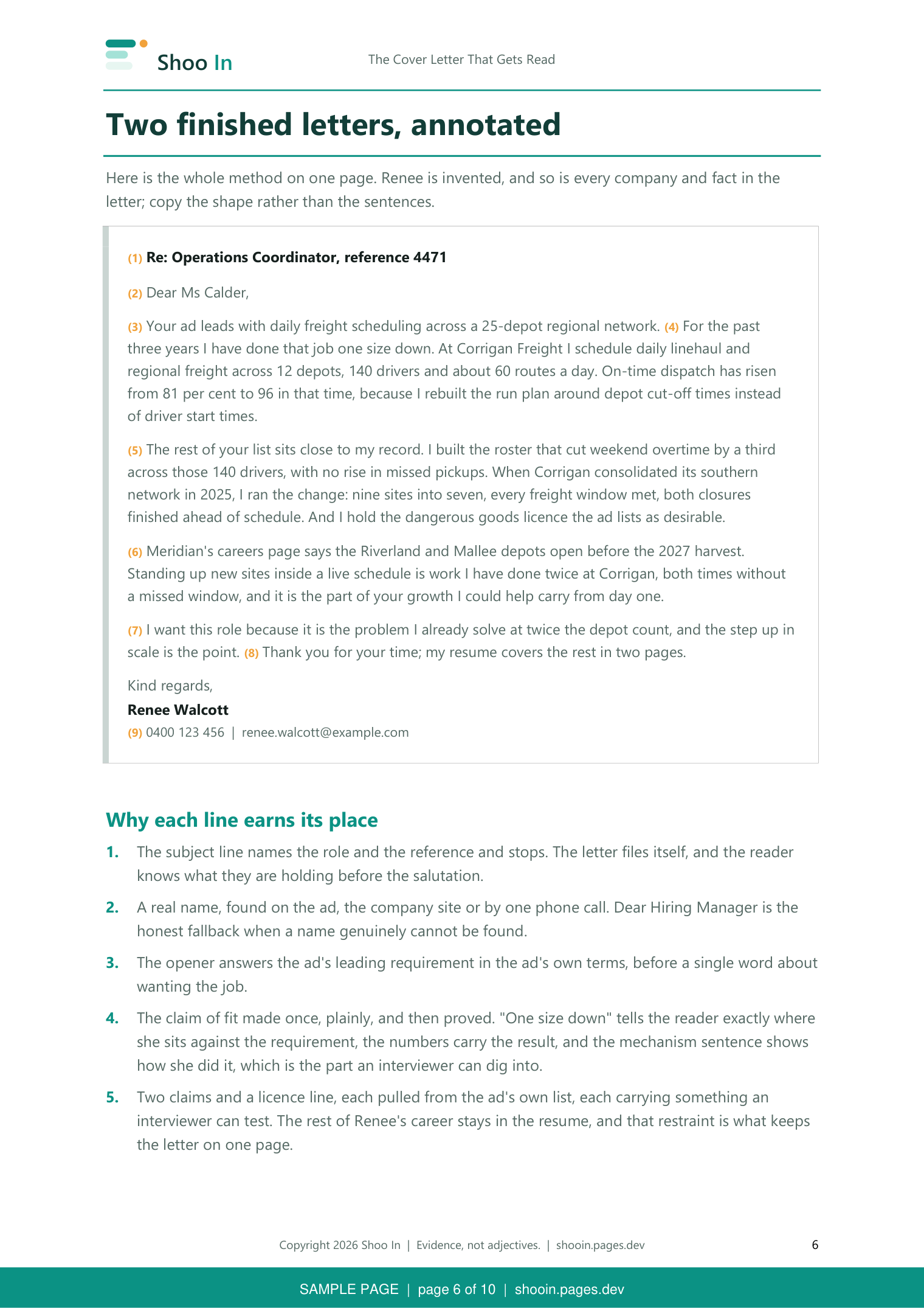 Guide page 6: Renee's finished letter, annotated line by line