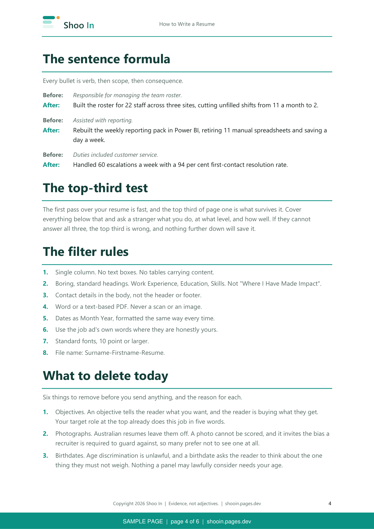 Guide page 4: the verb, scope, consequence formula with before and after rewrites