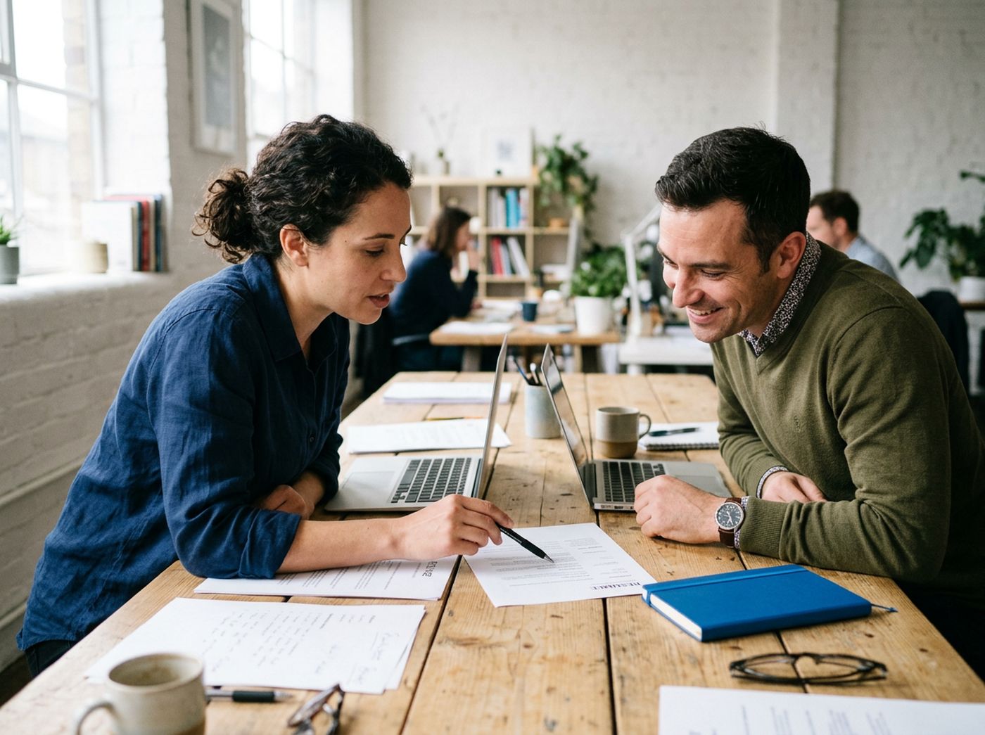 A writer and client working through printed résumé pages together at a timber table