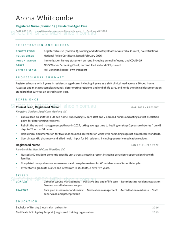 Specimen resume, Registered nurse, residential aged care