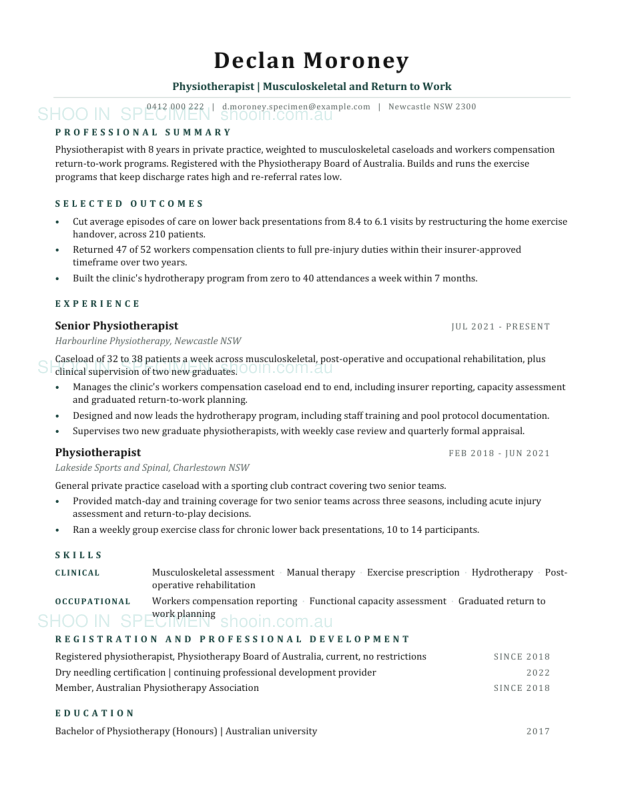 Specimen resume, Physiotherapist, private practice