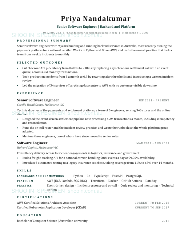 Specimen resume, Senior software engineer