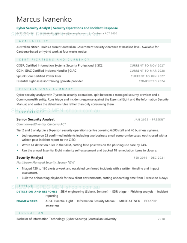 Specimen resume, Cyber security analyst, cleared