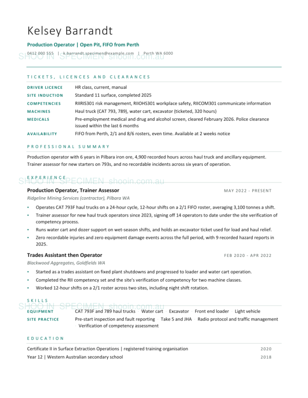 Specimen resume, Production operator, FIFO
