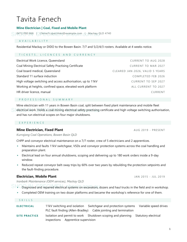 Specimen resume, Mine electrician, coal