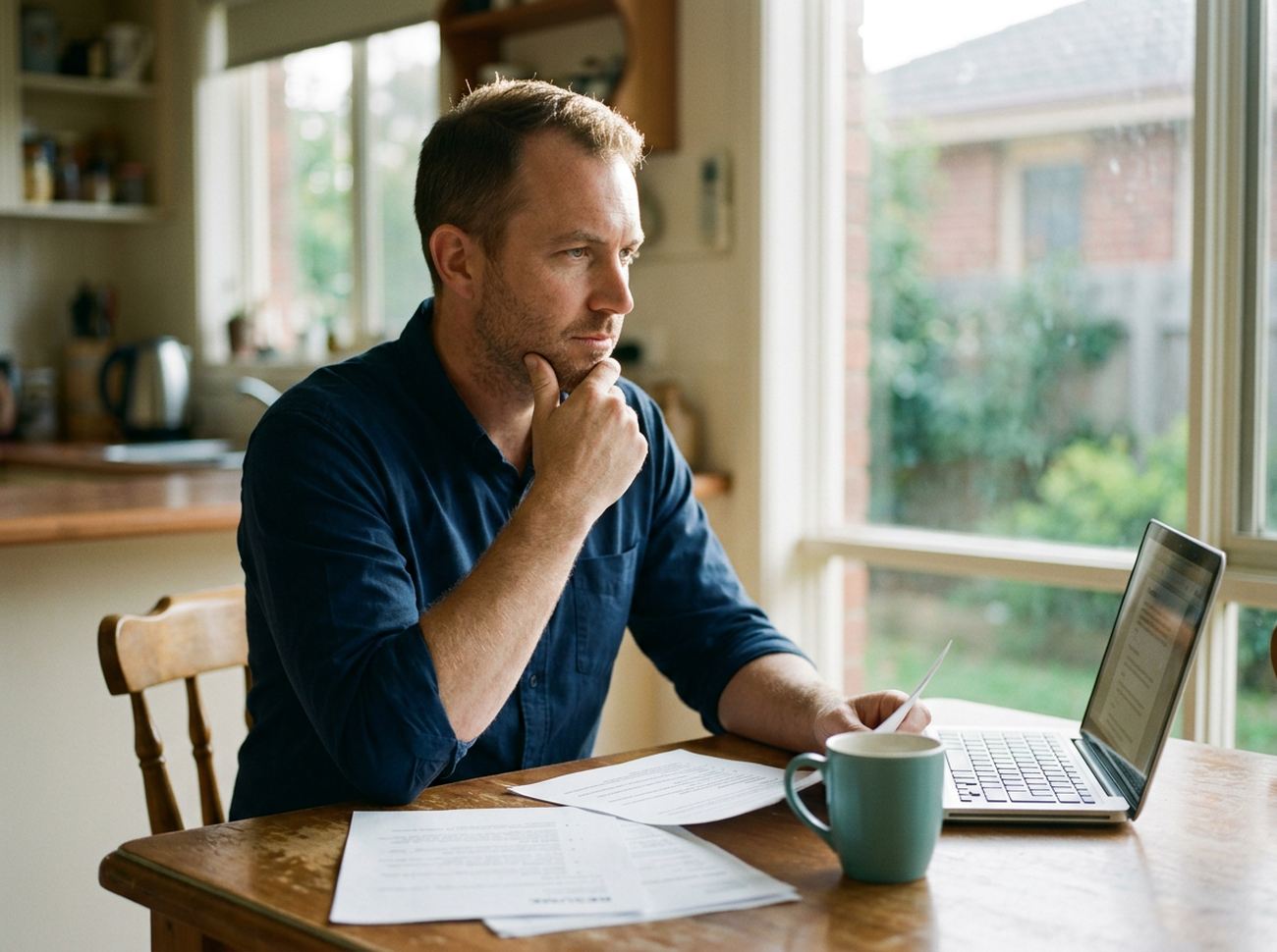 A former serviceman at his kitchen table working through his resume beside a laptop
